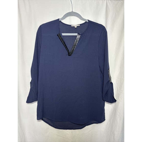 41 Hawthorn Womens Top Small Navy Blue Faux Leather Trim Roll Tab Sleeve EUC F10 - Picture 1 of 5